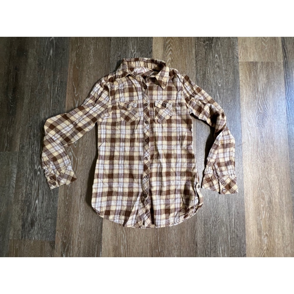 Op Plaid‎ Flannel Button Down Women S Brown Good Long Sleeve Cotton Shirt